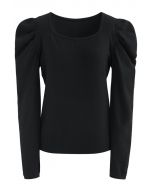 Square Neck Bubble Sleeves Knit Top in Black