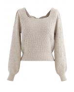 Bowknot Back Square Neck Knit Sweater in Light Tan