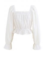 Square Neck String Button Crop Top in White
