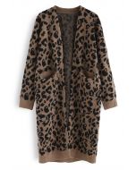 Leopard Pockets Longline Cardigan in Brown