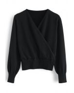 Basic Soft Wrapped Knit Top in Black