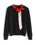 Color Blocked Bowknot Knit Sweater in Black