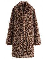 Brown Leopard Faux Fur Longline Coat with Collar